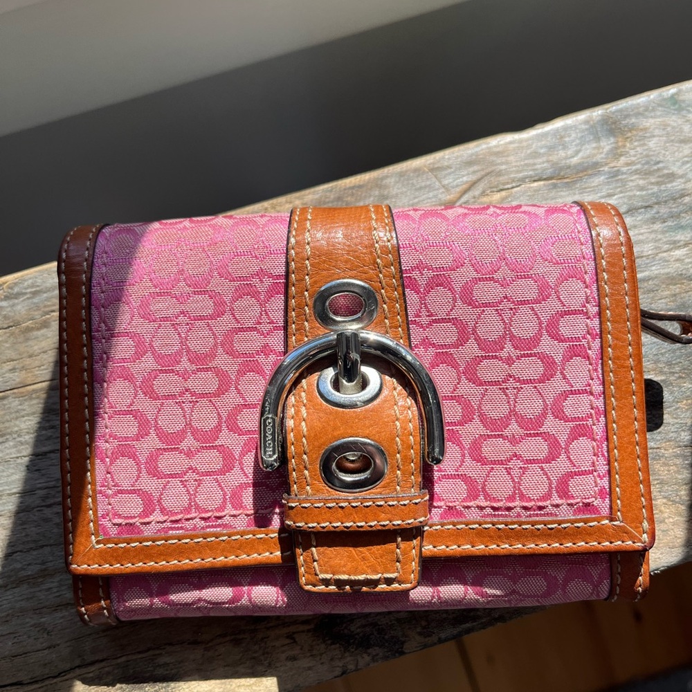 Coach Pink and Brown signature  Wallet with Tan Leather Trim Y2K